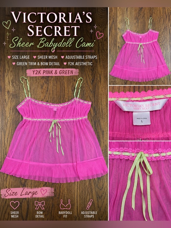 Victoria's Secret Other - Victoria’s Secret Pink Sheer Babydoll Cami Lingerie Top Size Large Y2K Honeymoon